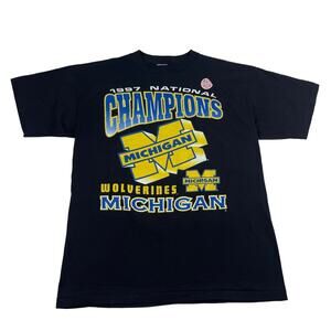 Vintage Michigan University Wolverines Champions 90s Black Big Logo Shirt XL NEW